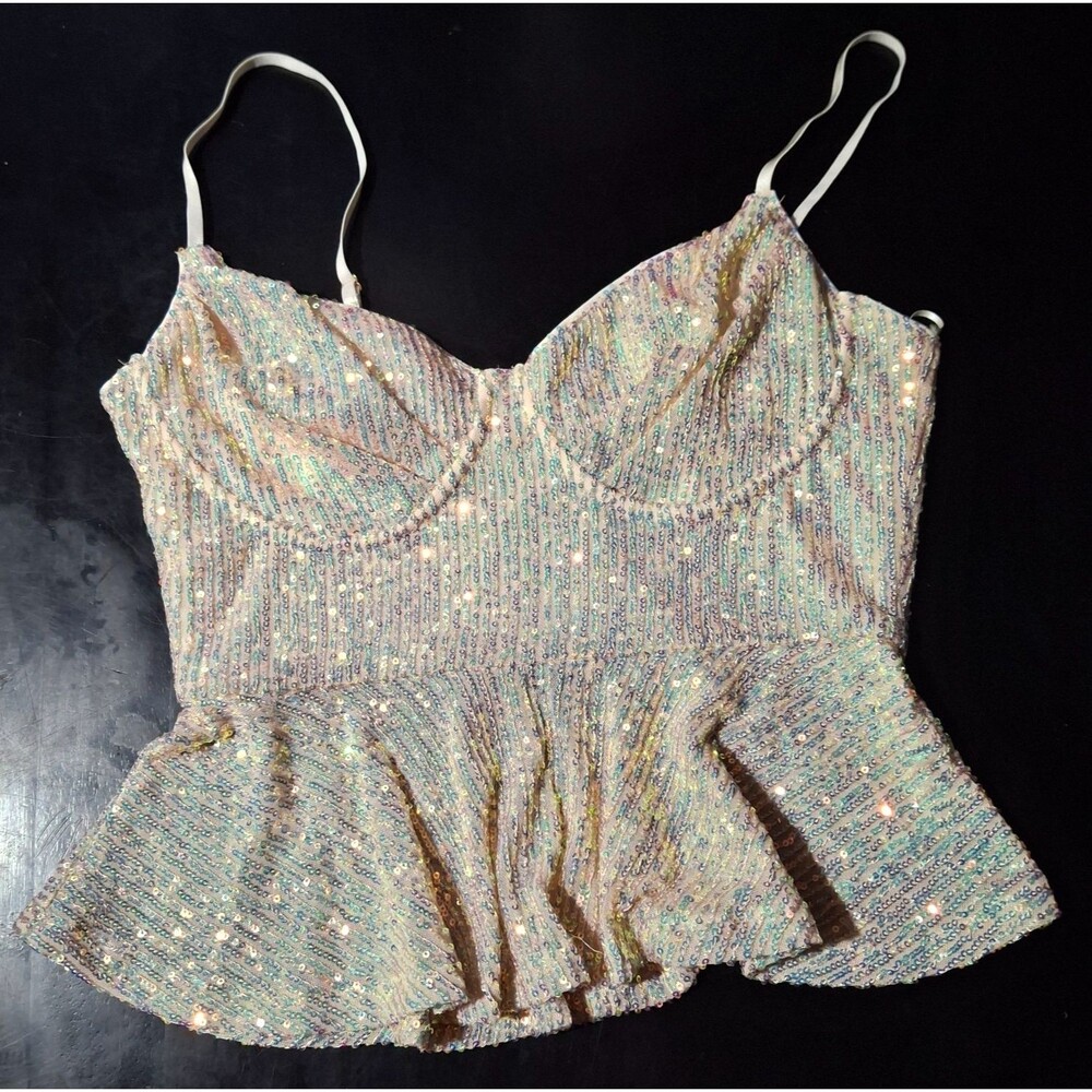 Privy Privately Priviledged Cream Base Fabric w Gold Sequins Camisole Sz Medium